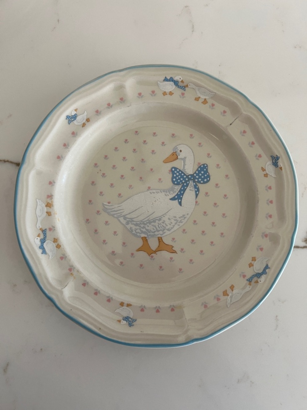 Vintage Duck Motif Ceramic Dinner Plate in Cream and Blue